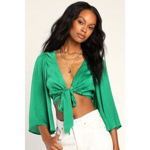 NWT Lulus Flirt With Me Green Tie-Front Bell Sleeve Crop Top Women's Size Small
